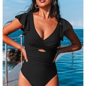 Cupshe Black Flutter Sleeve Tummy Control One-Piece Swimsuit Size XL NWT